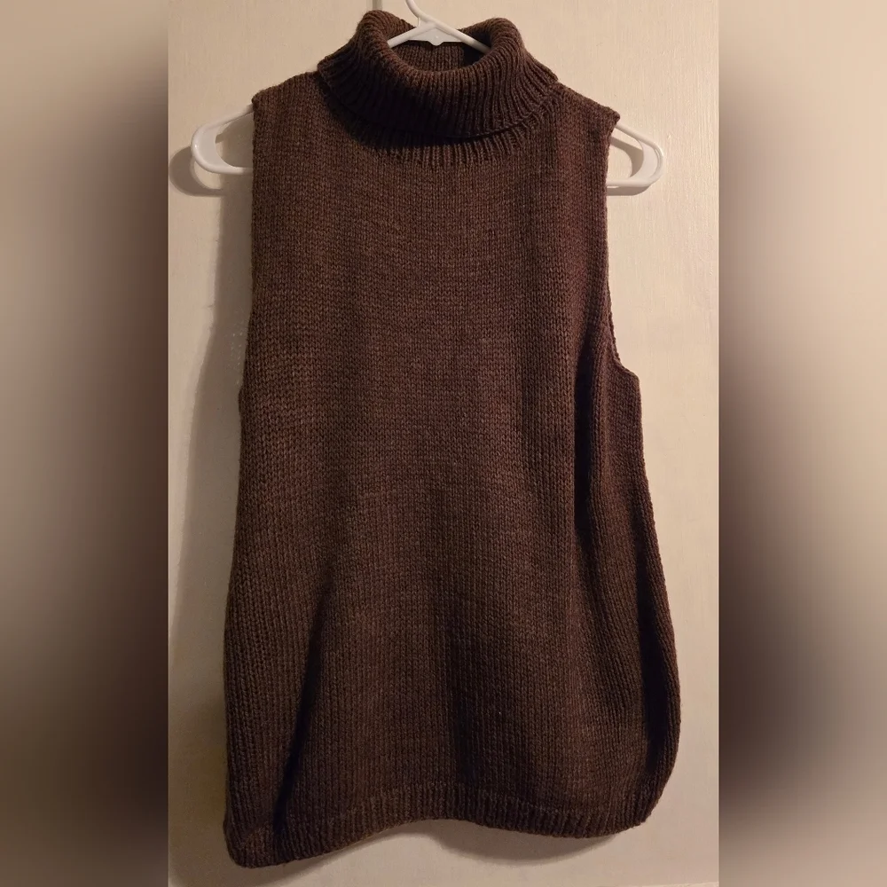 NWOT | Hand Knit Sleeveless Sweater Turtleneck Tank Top | Color: Chocolate Brown - Picture 2 of 12